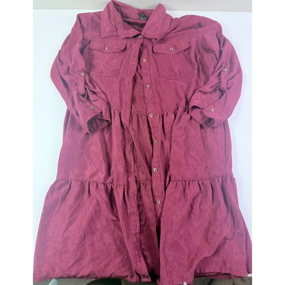 Burgundy Boho Babydoll Button Down Shirt Dress Roll Tab Sleeve Petite Large